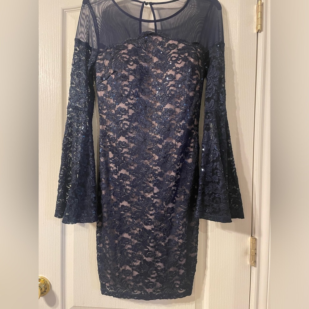 Sequin Hearts Navy Dress with Flared Sleeves
